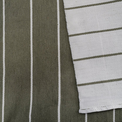 Close-up of two woven rug samples: olive-green with white vertical stripes and light gray with thin green horizontal stripes.