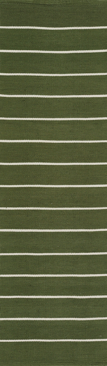 Olive green rug with evenly spaced thin white horizontal stripes; casual striped rug, 4' x 6'.