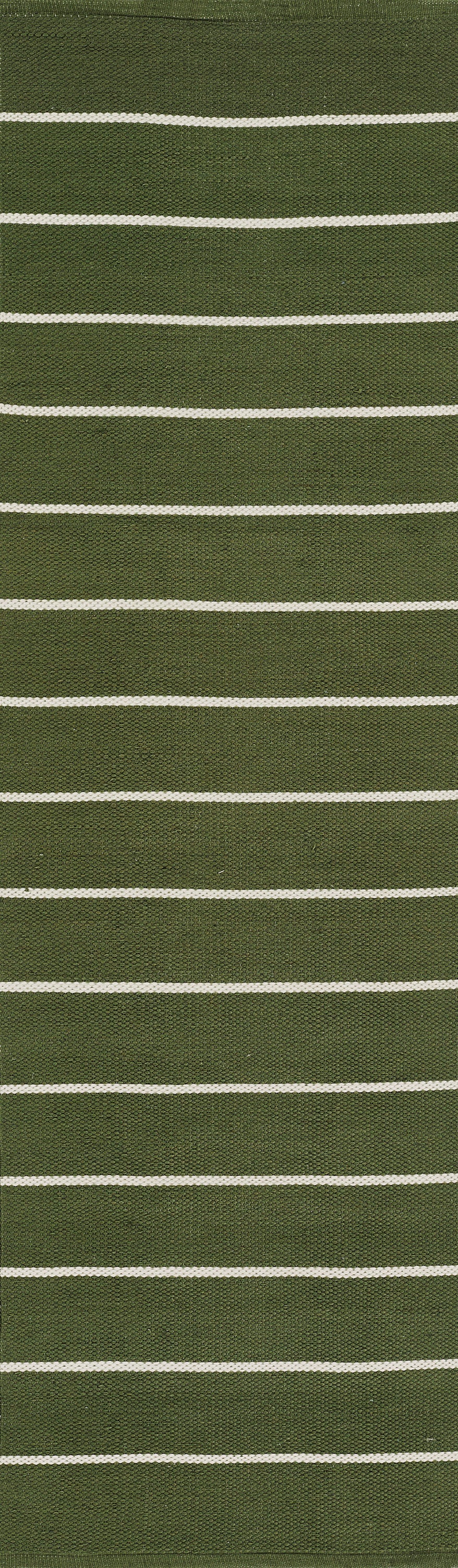 Olive green rug with evenly spaced thin white horizontal stripes.