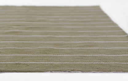 Olive green flat-weave rug with thin pale beige stripes, rectangular rug 4' x 6', for casual, modern interiors.