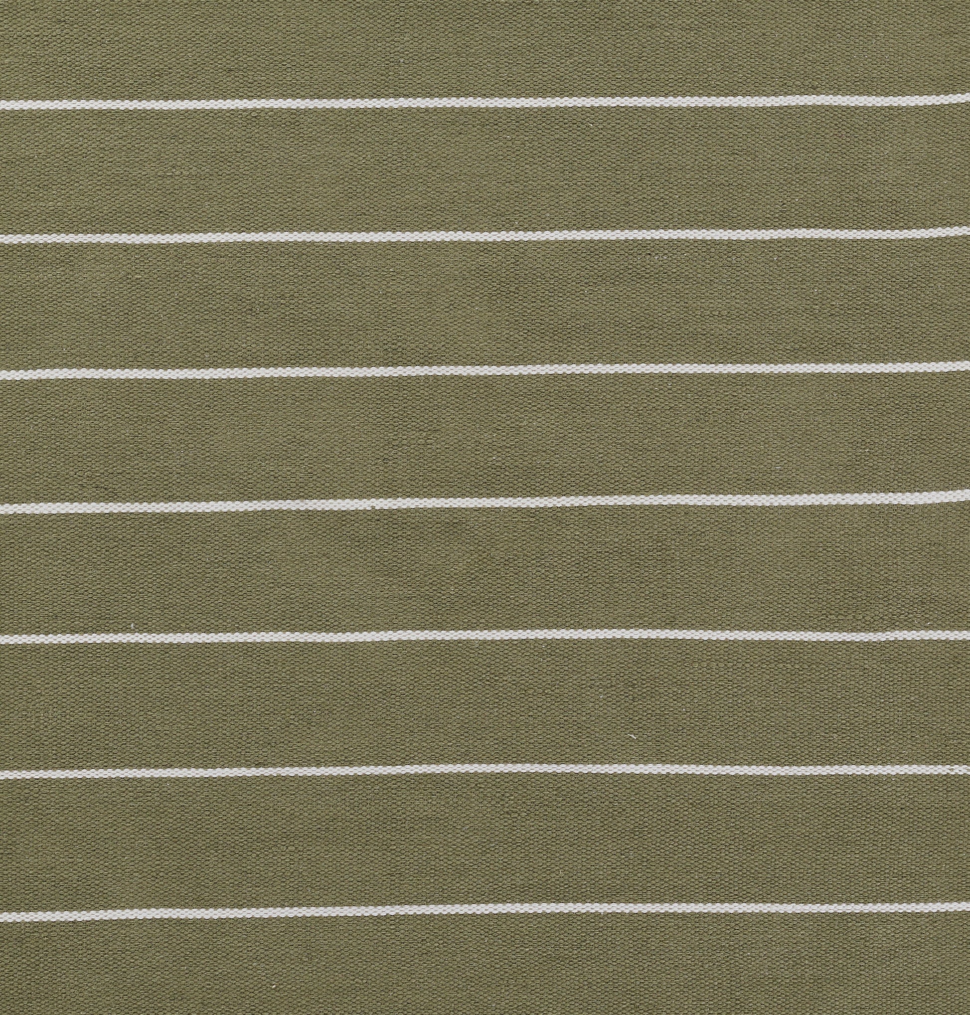 Olive green rug with thin white horizontal stripes; soft, low-pile texture.