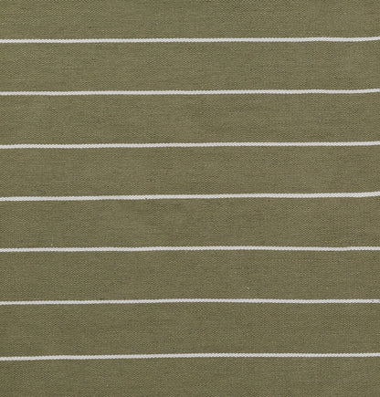 Olive-green knit fabric with thin white horizontal stripes; casual striped textile.