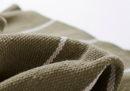 Olive green textured rug with a white border; close-up of the edge on a 2' x 8' rug runner.