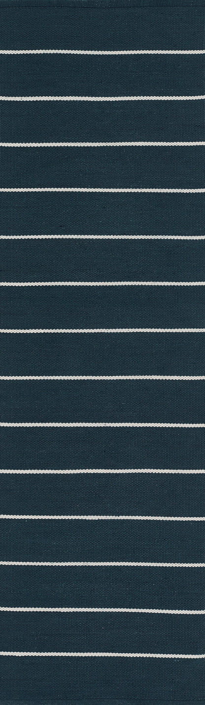 Navy blue knit fabric with thin white horizontal stripes, casual striped textile.