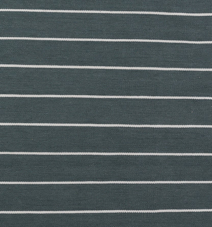 Navy blue knit fabric with thin white horizontal stripes; casual striped jersey material.