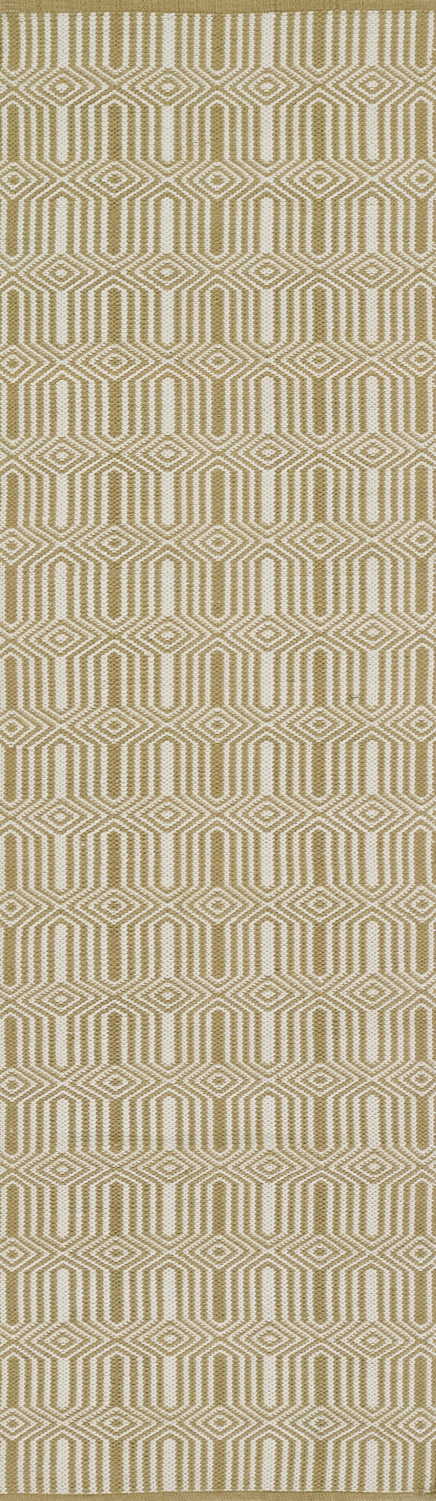Gold and ivory geometric hex pattern on beige; repeating rug with a modern mid-century vibe.