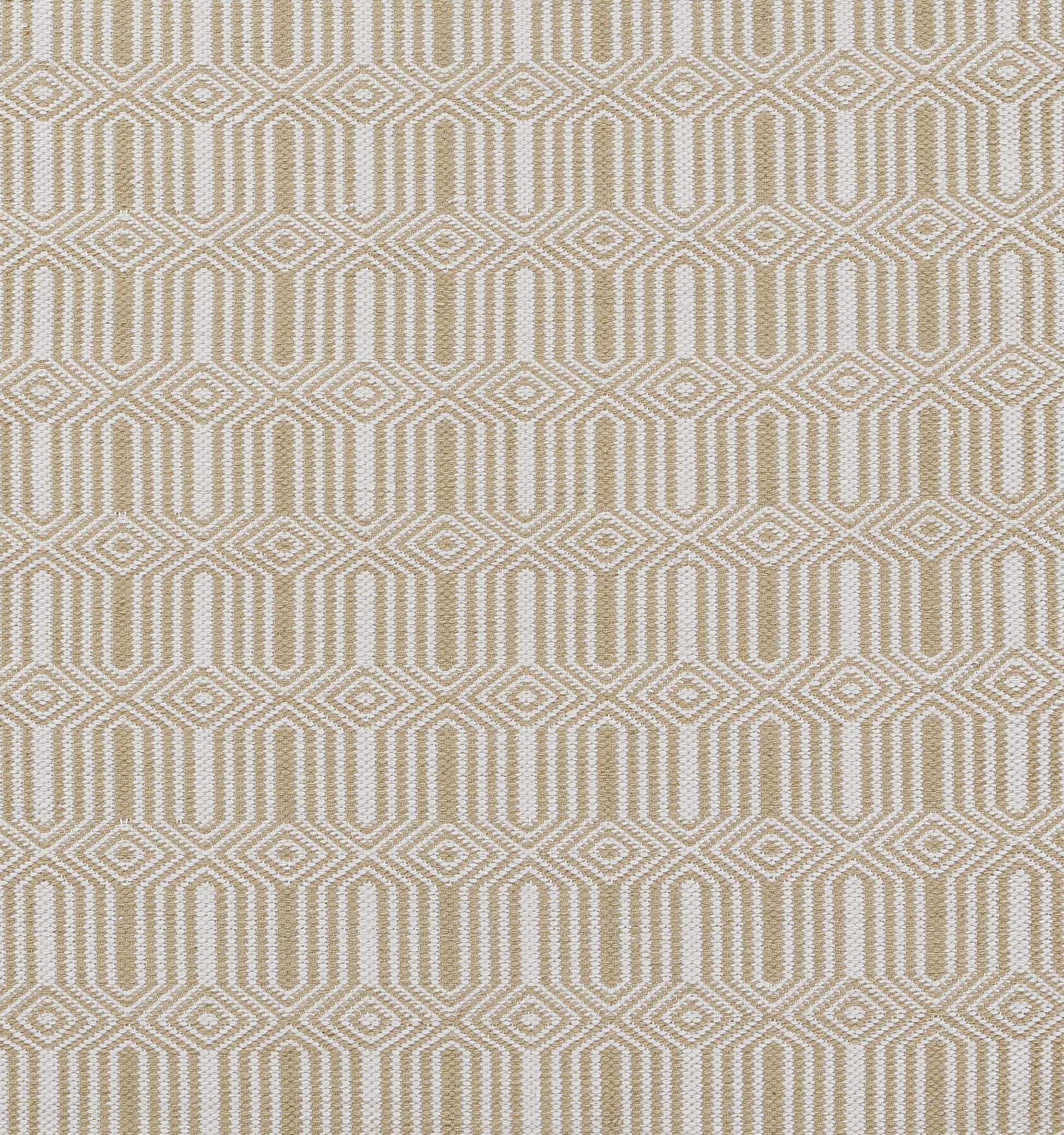 Beige woven fabric with an interlocking diamond lattice pattern; neutral textured textile.