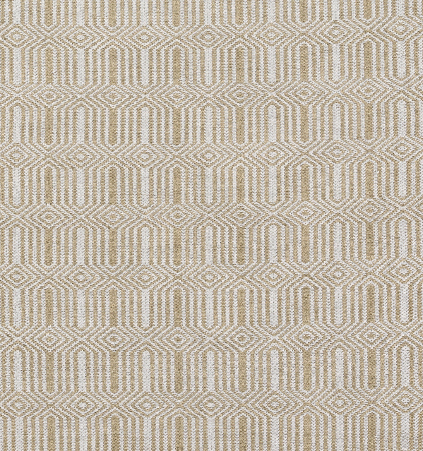 Beige and ivory geometric rug with diamond and hex motifs.
