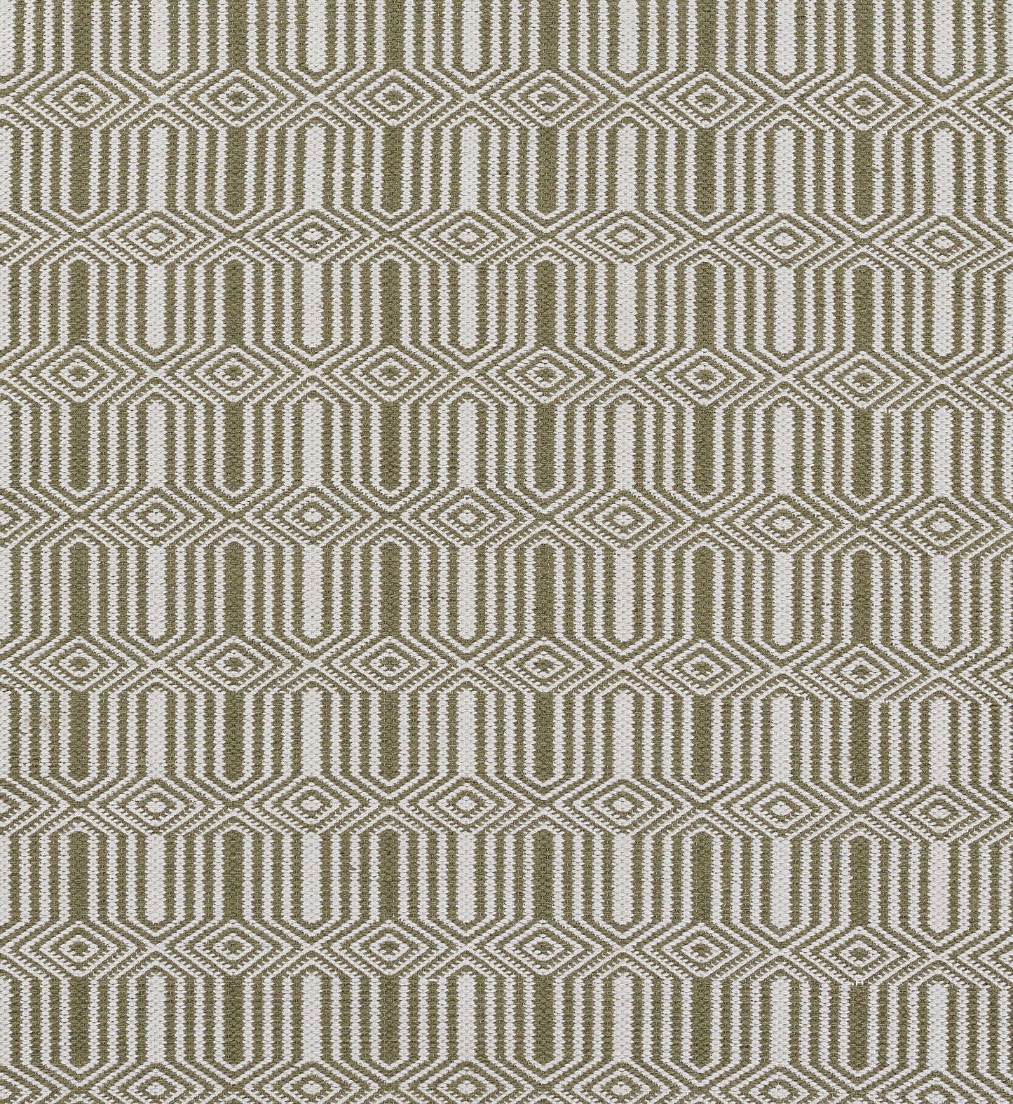 Olive green & cream geometric woven rug with interlocking diamond pattern.