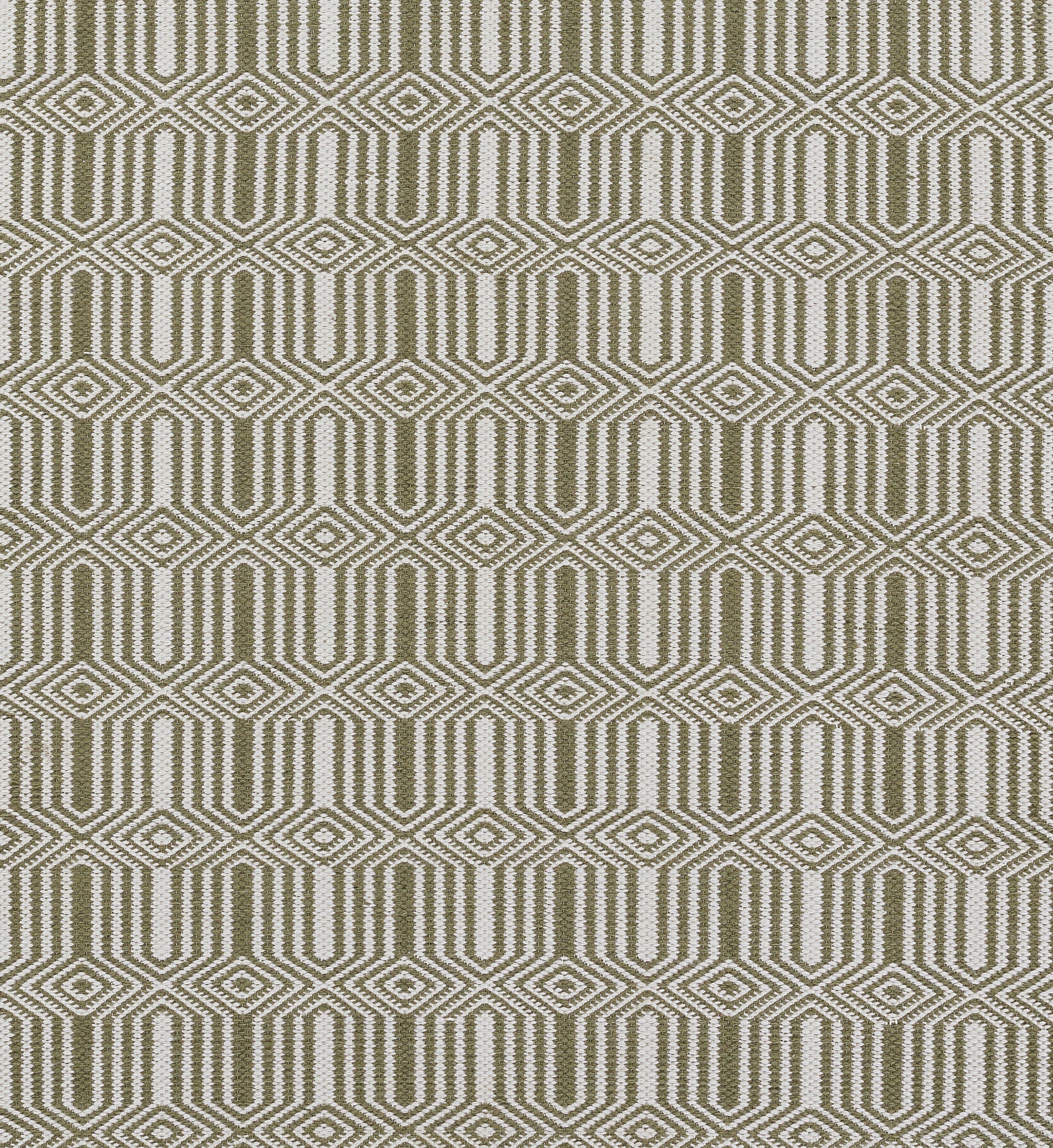Olive-green and cream geometric interlocking-diamond pattern on a 4' x 6' rug.