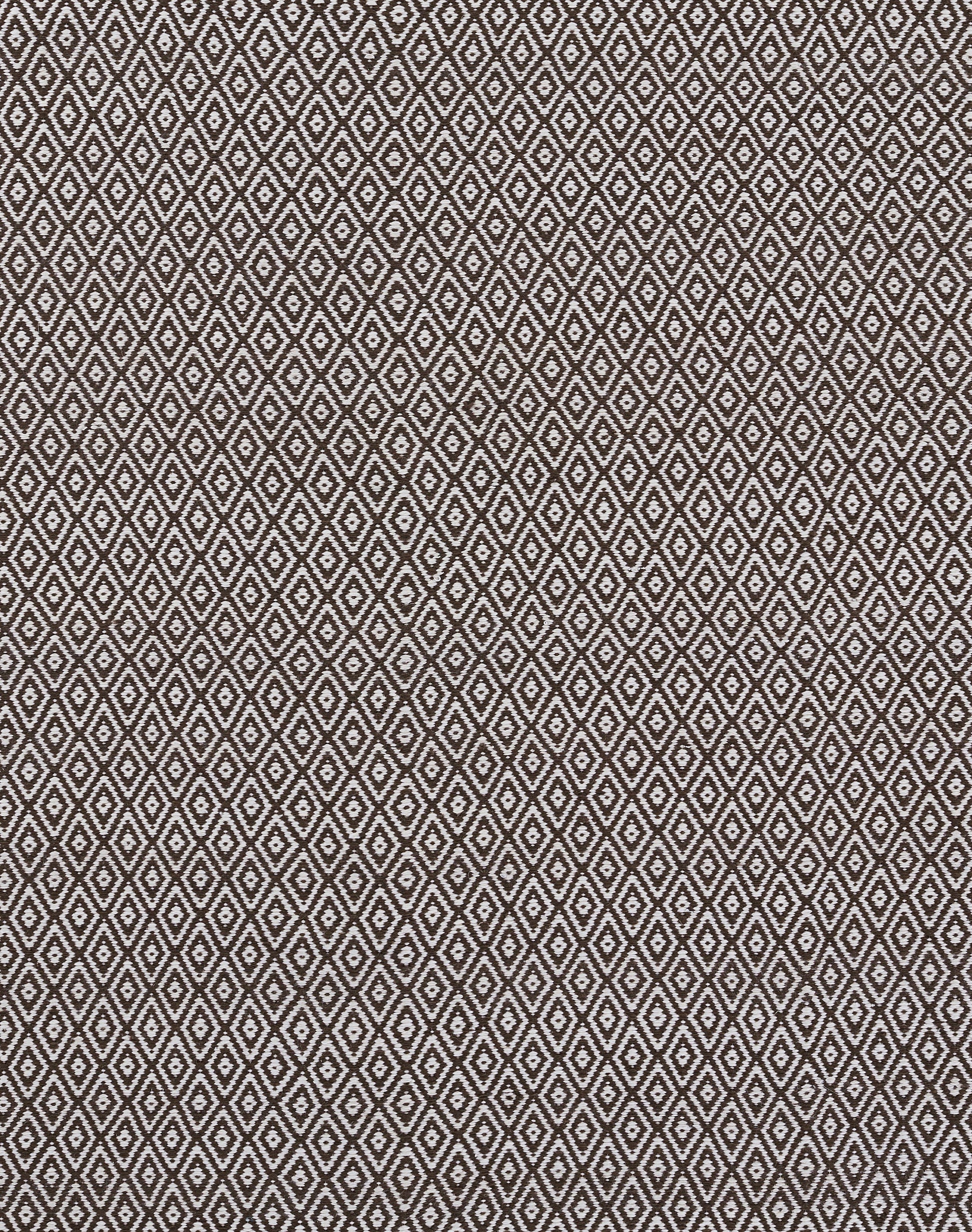 Brown and ivory diamond lattice patterned rug; woven texture.