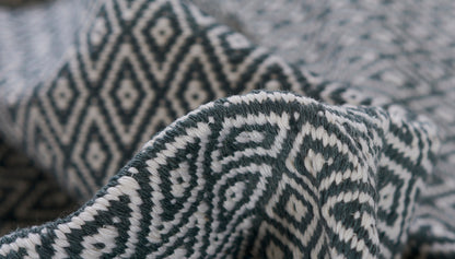 Rug, 4' x 6', black-and-white geometric diamond pattern, thick woven texture.