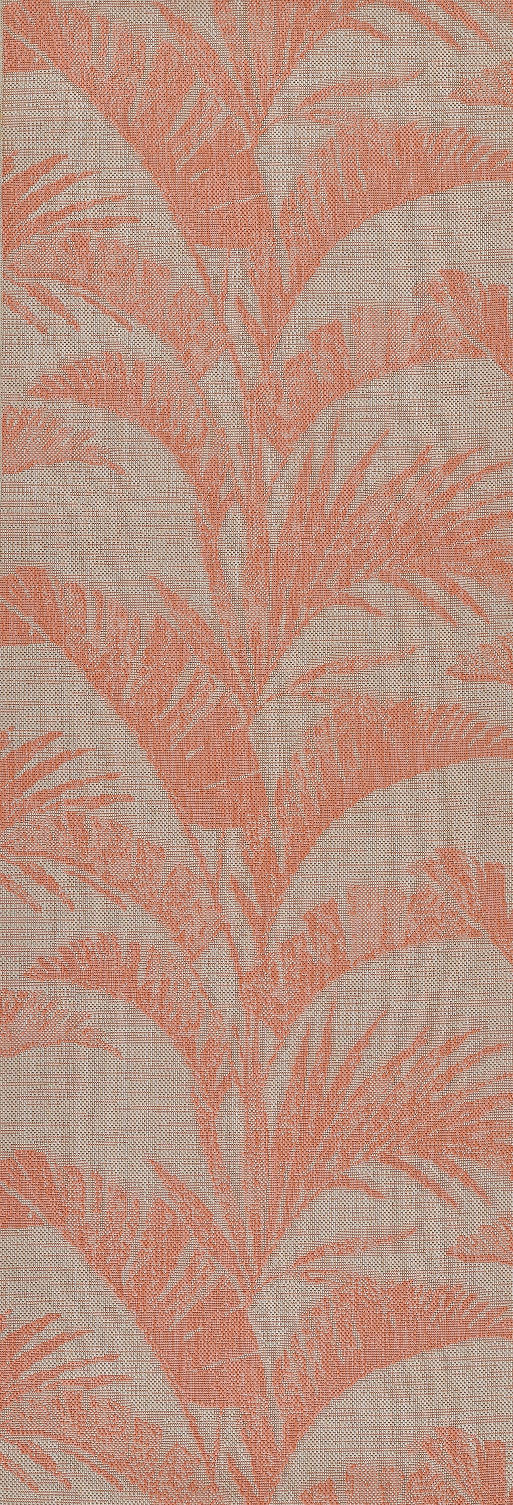 Peach palm frond pattern on beige background; tropical botanical textile design.