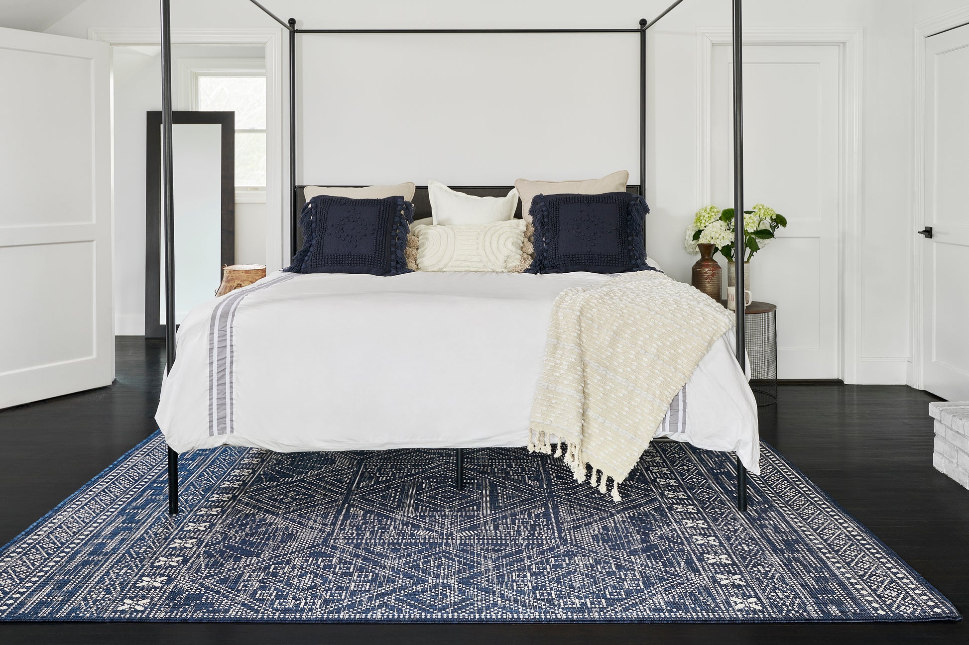 Blue patterned runner rug, 3' x 8'.