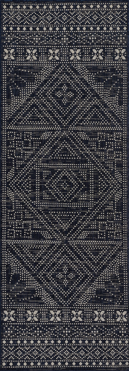 Navy blue woven rug with ivory geometric diamonds, cross motifs and border bands in kilim style.