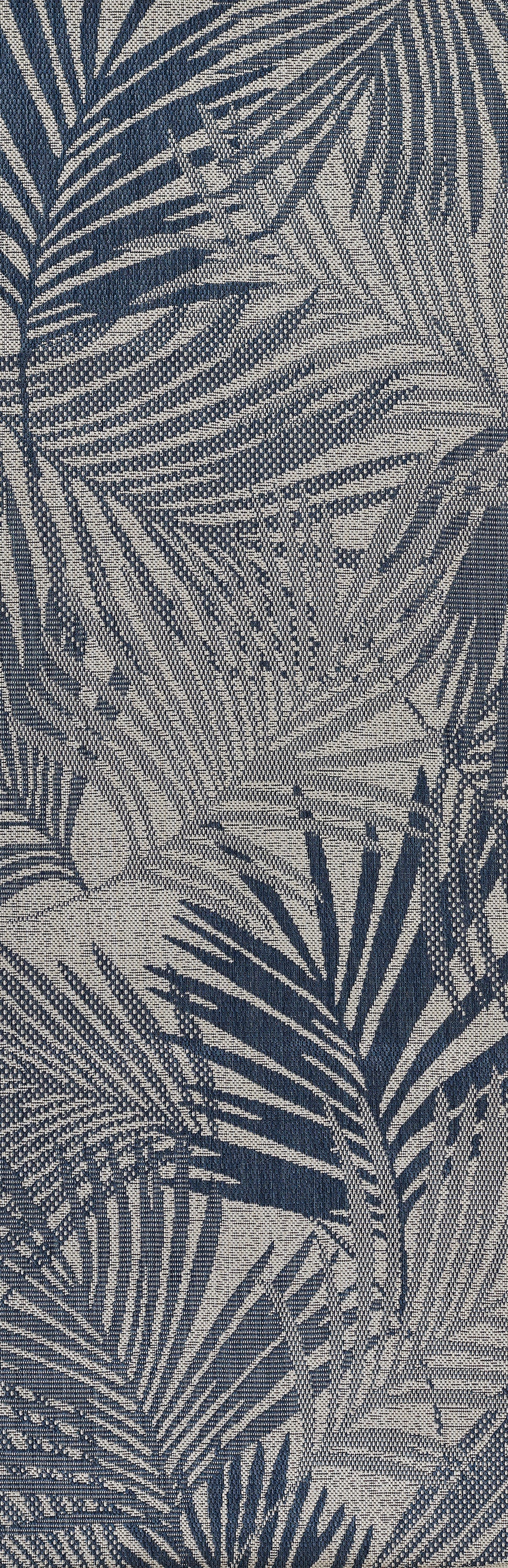 Blue and gray palm leaf pattern on fabric; tropical textile suitable for upholstery, curtains or decor.