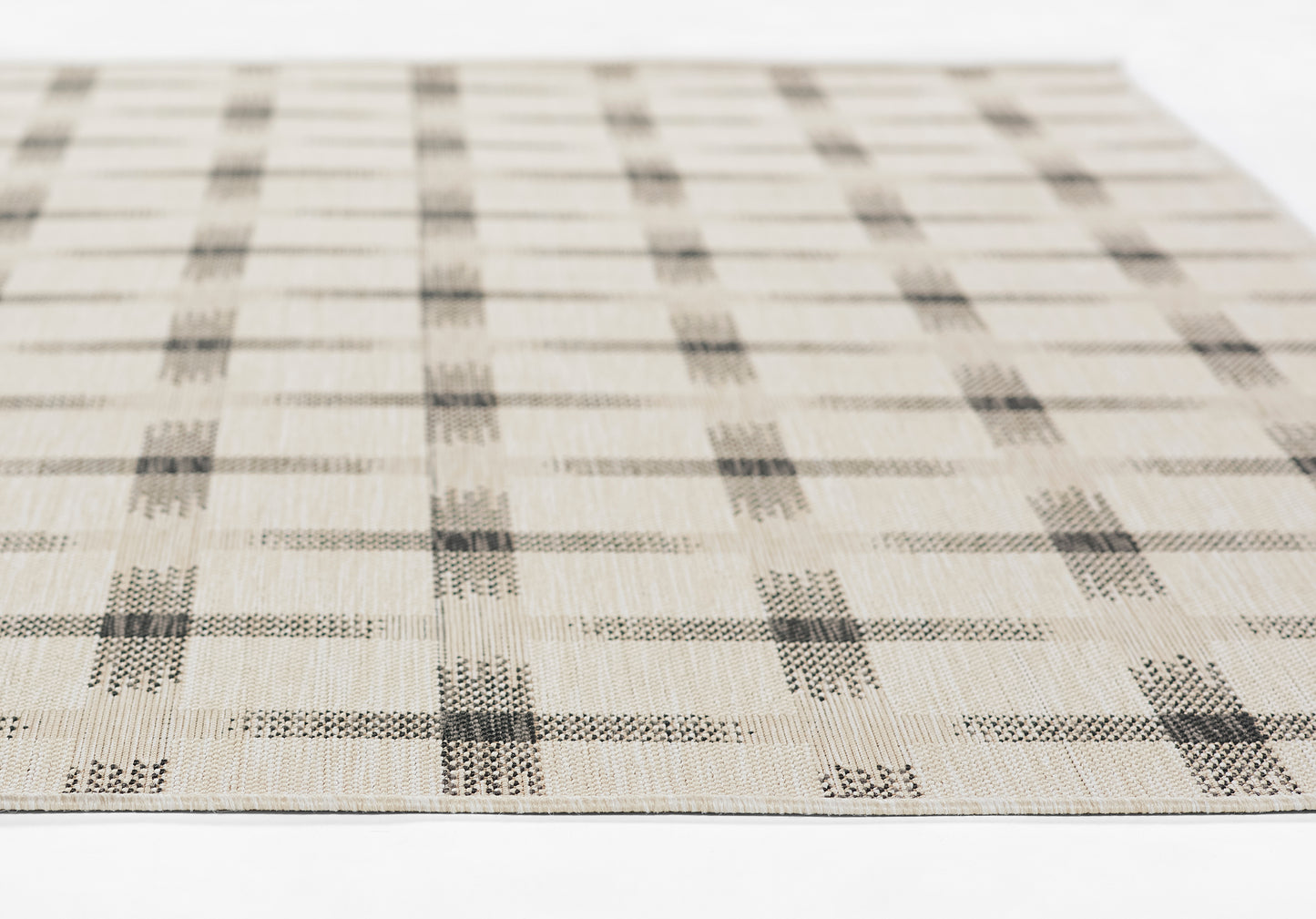 Beige woven runner rug with taupe plaid squares in a subtle grid pattern.