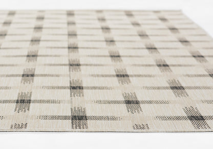 Beige woven runner rug with taupe plaid squares in a subtle grid pattern.
