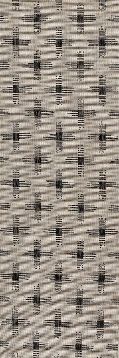 Beige woven rug with repeating dark gray cross motifs and subtle grid texture; neutral, classic textile pattern.