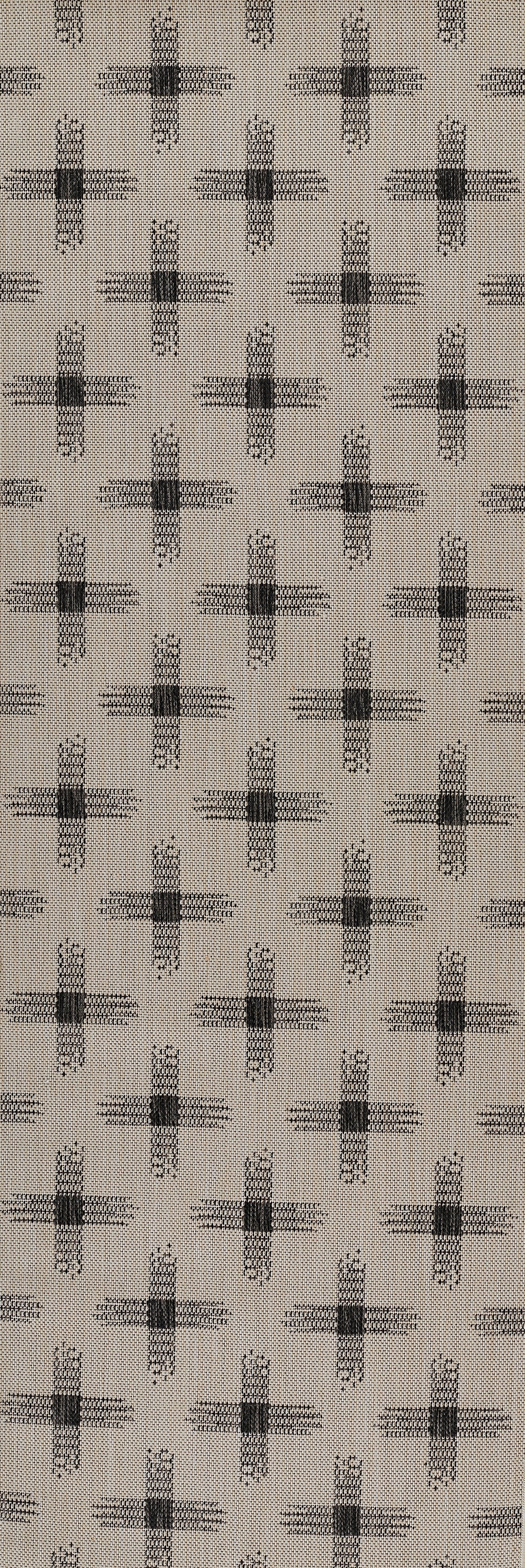 Beige woven rug runner with a repeating dark gray cross pattern; neutral, vintage-style floor rug for hallway or doorway, 3' x 8'.