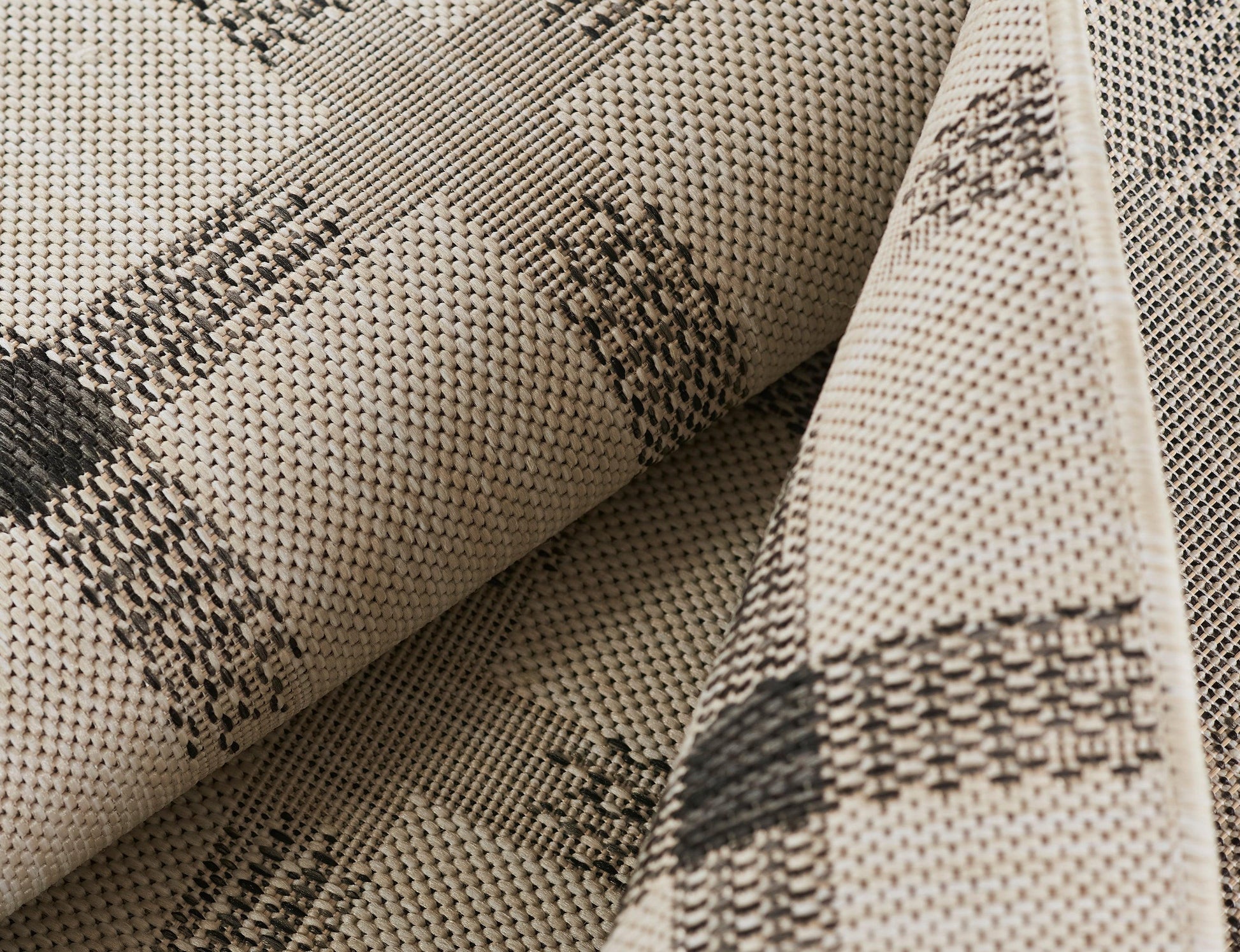 Beige woven rug runner with dark brown geometric plaid pattern; textured jacquard, 3' x 8'.