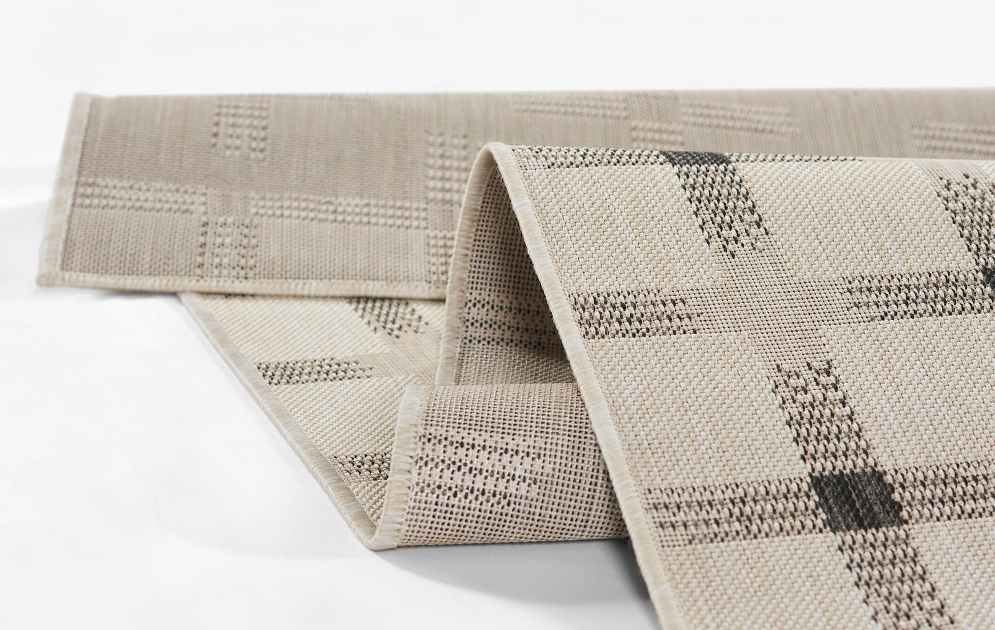 Beige plaid woven rug runner with taupe checks; 3' x 8' hallway or entryway rug.