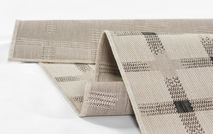 Beige plaid woven rug runner with taupe checks; 3' x 8' hallway or entryway rug.