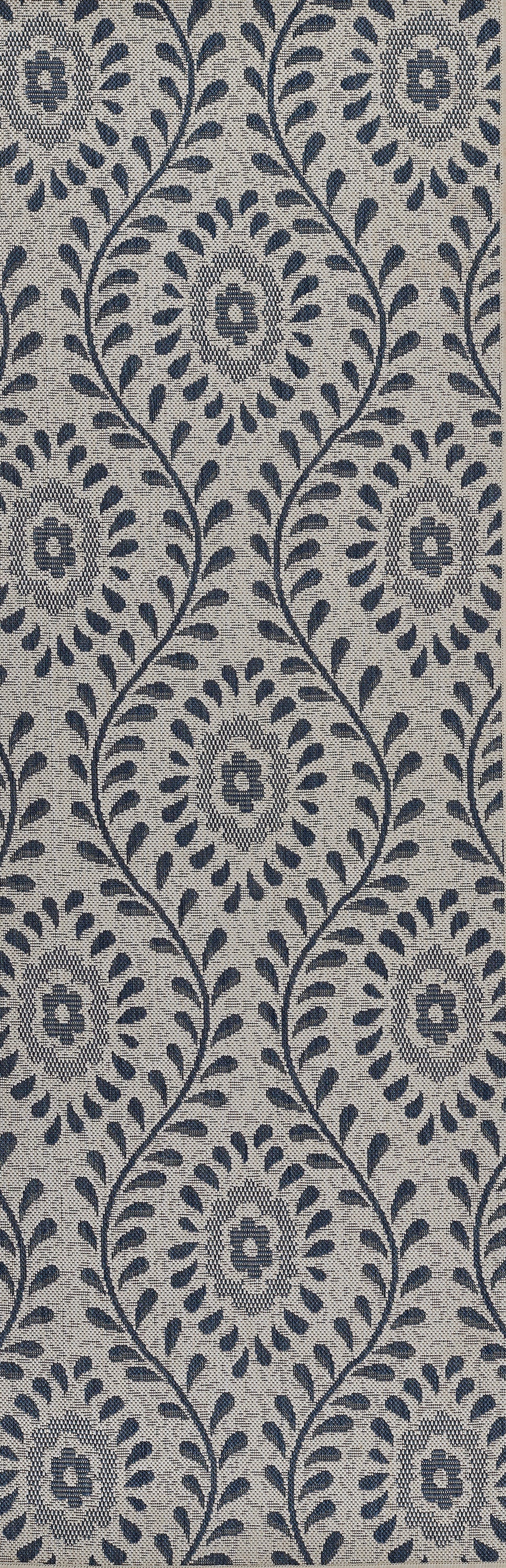 Blue damask pattern with navy floral medallions on gray background rug; classic, elegant decor.