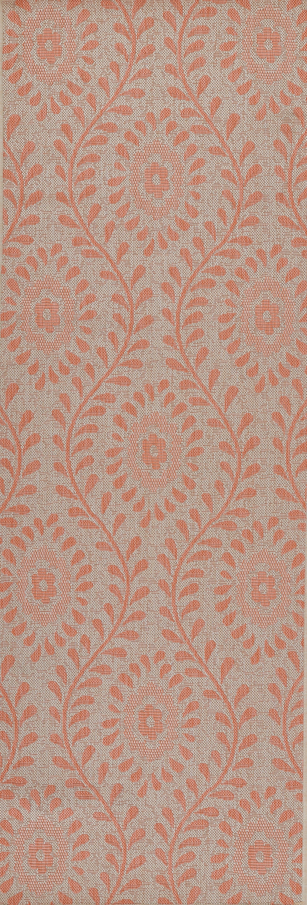 Coral-pink damask pattern with circular floral medallions and curling vines on a beige background.