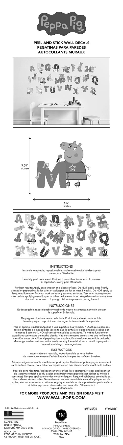 York Wallcoverings RoomMates Peppa Pig Wall Decals Alphabet & Numbers Kids Pink  Current Peel & Stick - RMDM5570