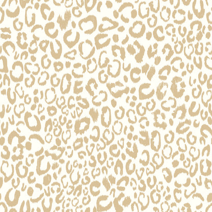 Gold leopard-print peel-and-stick wallpaper roll (RMK10700WP) displayed on a wall, showing metallic gold animal-print pattern — perfect for bold, glam interiors.