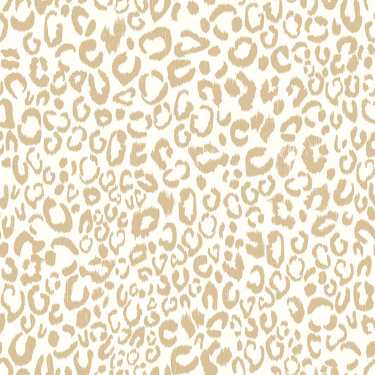 Gold leopard-print peel-and-stick wallpaper roll (RMK10700WP) displayed on a wall, showing metallic gold animal-print pattern — perfect for bold, glam interiors.