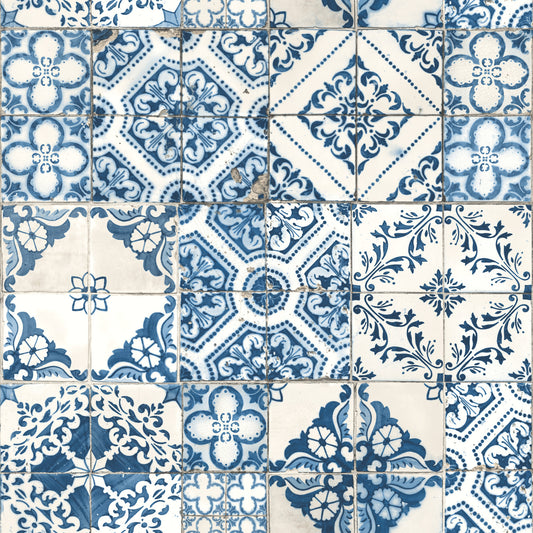 York Wallcoverings RoomMates Mediterranian Tile Blue Peel and Stick Wallpaper Modern Global Blues  Wallpaper - RMK11083WP