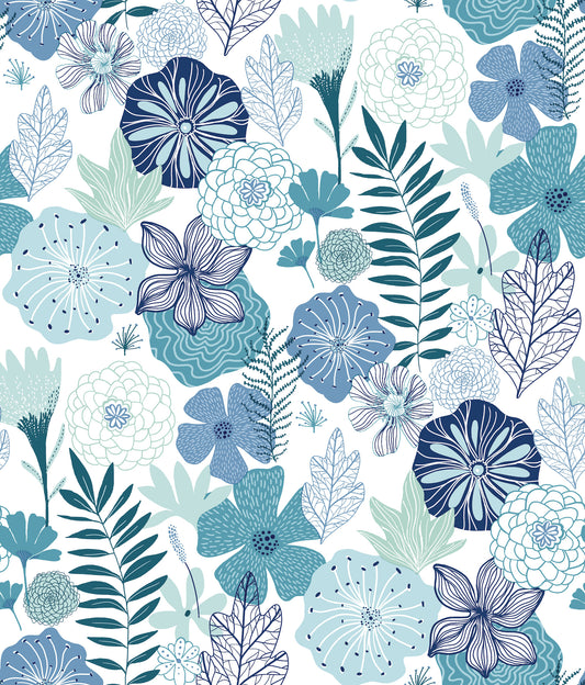 York Wallcoverings RoomMates Perennial Blooms Blue Peel and Stick Wallpaper Modern Botanical Blues  Wallpaper - RMK11325WP