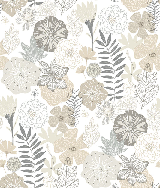 York Wallcoverings RoomMates Perennial Blooms Beige Peel and Stick Wallpaper Modern Botanical Neutrals  Wallpaper - RMK11326WP