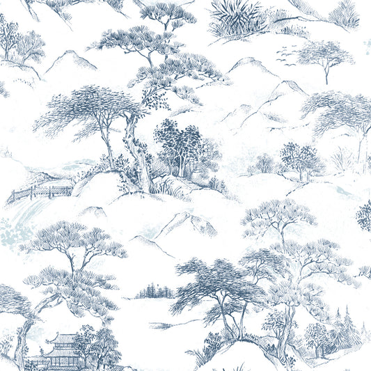 York Wallcoverings RoomMates Oriental Toile Blue Peel and Stick Wallpaper Traditional Global Blues  Wallpaper - RMK11754RL