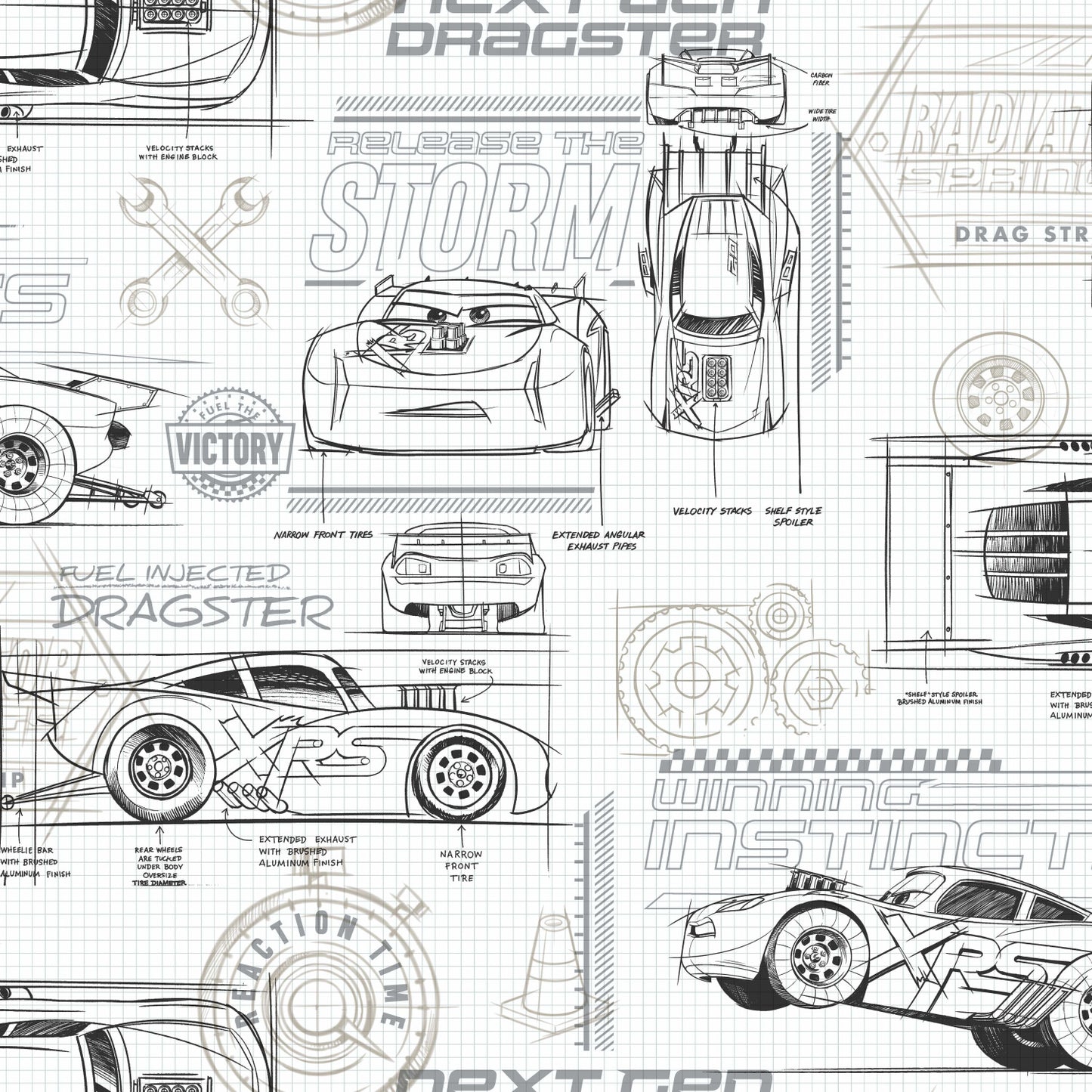 York Wallcoverings York Contract Disney and Pixar Cars Schematic Grey Peel and Stick Wallpaper Whimsical Licensed Greys  Wallpaper - RMK11804WP