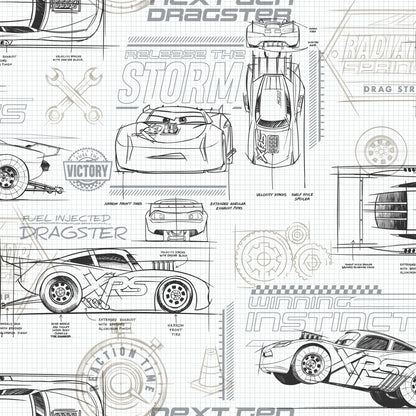 York Wallcoverings York Contract Disney and Pixar Cars Schematic Grey Peel and Stick Wallpaper Whimsical Licensed Greys  Wallpaper - RMK11804WP