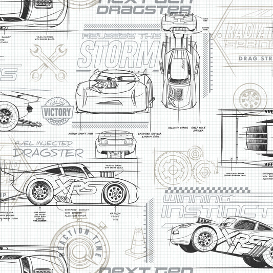 York Wallcoverings York Contract Disney and Pixar Cars Schematic Grey Peel and Stick Wallpaper Whimsical Licensed Greys  Wallpaper - RMK11804WP