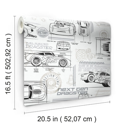 York Wallcoverings York Contract Disney and Pixar Cars Schematic Grey Peel and Stick Wallpaper Whimsical Licensed Greys  Wallpaper - RMK11804WP
