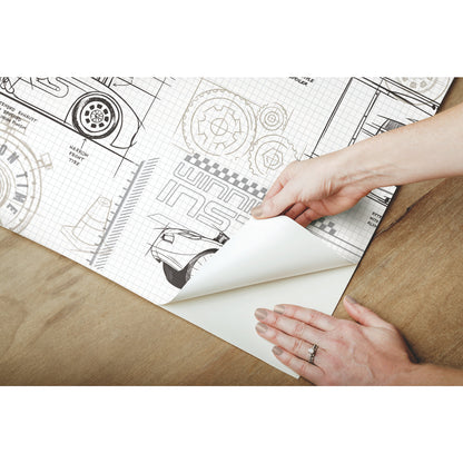 York Wallcoverings York Contract Disney and Pixar Cars Schematic Grey Peel and Stick Wallpaper Whimsical Licensed Greys  Wallpaper - RMK11804WP
