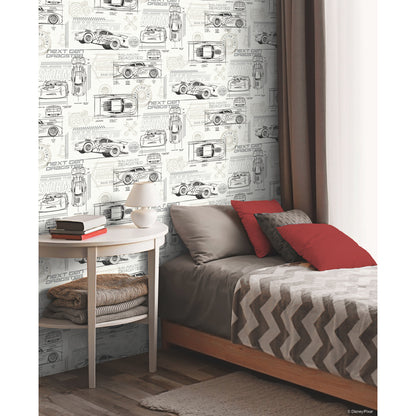 York Wallcoverings York Contract Disney and Pixar Cars Schematic Grey Peel and Stick Wallpaper Whimsical Licensed Greys  Wallpaper - RMK11804WP