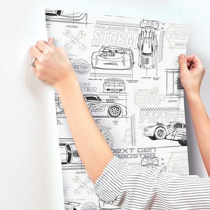 York Wallcoverings York Contract Disney and Pixar Cars Schematic Grey Peel and Stick Wallpaper Whimsical Licensed Greys  Wallpaper - RMK11804WP