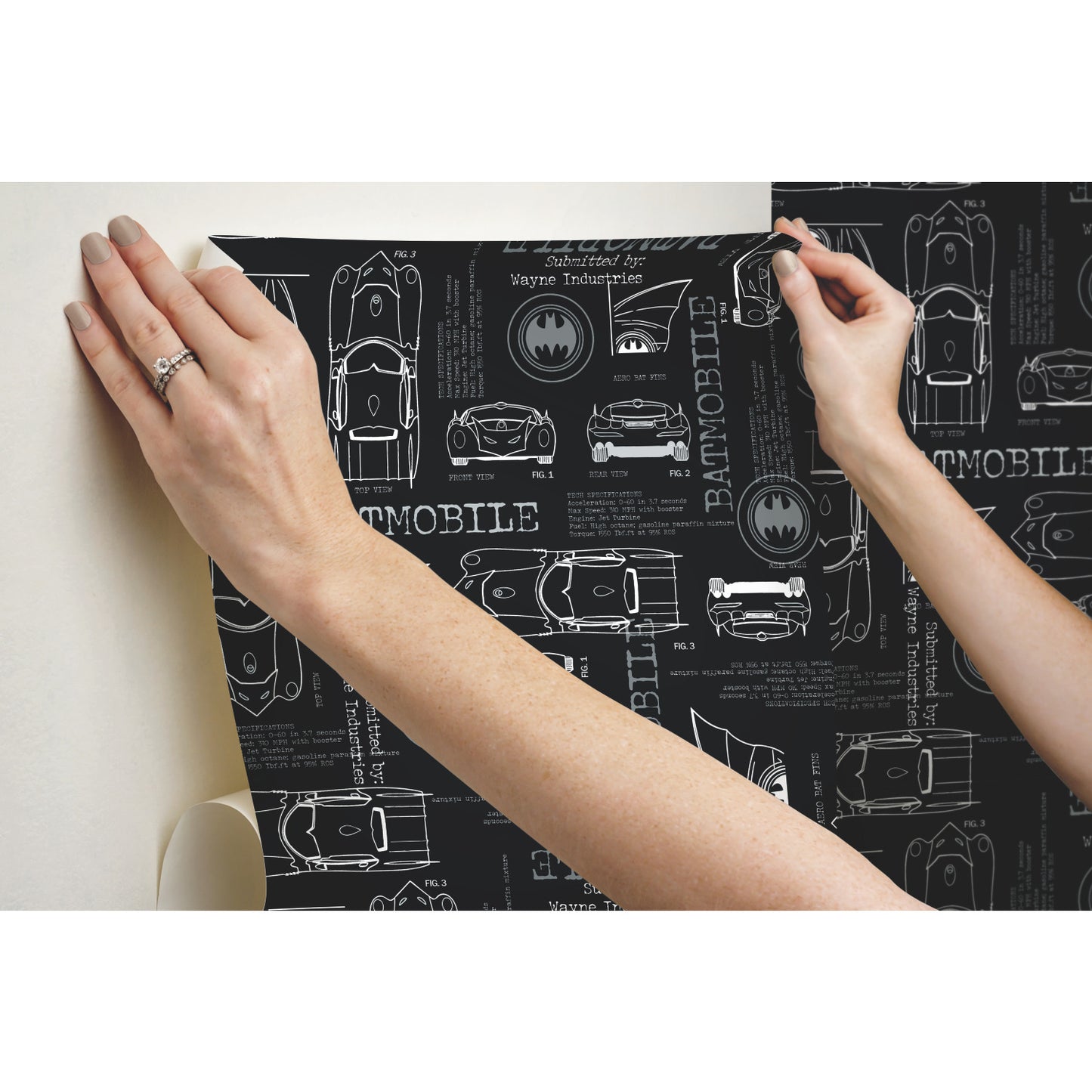 York Wallcoverings RoomMates Batmobile Blueprint Grey Peel and Stick Wallpaper Whimsical Licensed Greys  Wallpaper - RMK11849RL