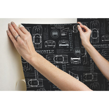York Wallcoverings RoomMates Batmobile Blueprint Grey Peel and Stick Wallpaper Whimsical Licensed Greys  Wallpaper - RMK11849RL