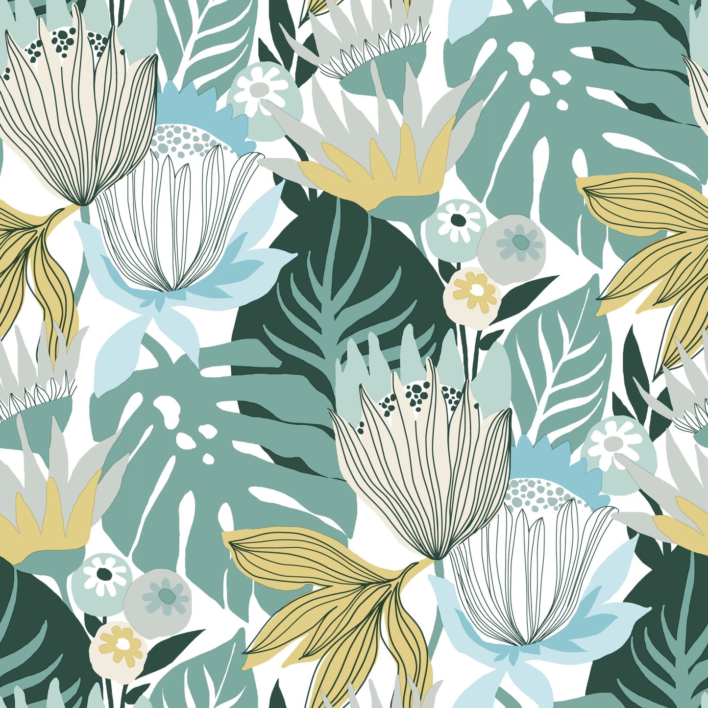 York Wallcoverings RoomMates Retro Tropical Leaves Teal Peel and Stick Wallpaper Retro Nature Blues  Wallpaper - RMK11914WP