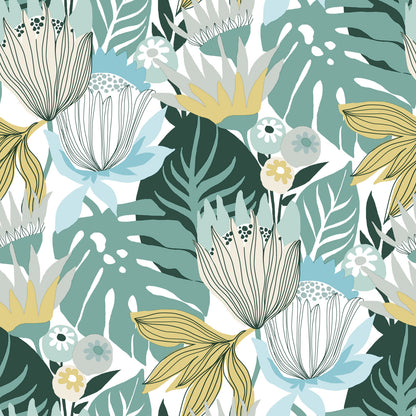 York Wallcoverings RoomMates Retro Tropical Leaves Teal Peel and Stick Wallpaper Retro Nature Blues  Wallpaper - RMK11914WP