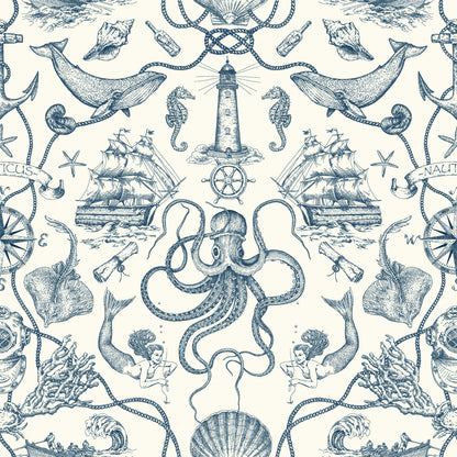 York Wallcoverings RoomMates Deep Sea Toile Blue Peel and Stick Wallpaper Coastal Ocean Blues  Wallpaper - RMK12002WP