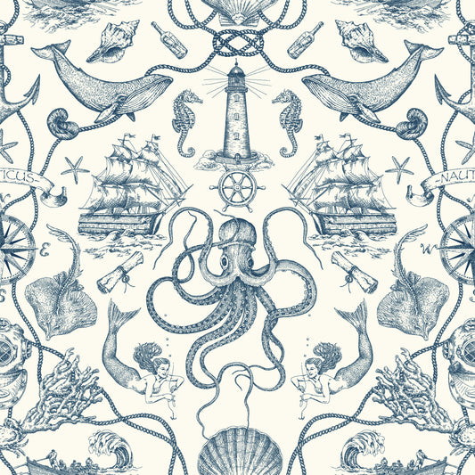 York Wallcoverings RoomMates Deep Sea Toile Blue Peel and Stick Wallpaper Coastal Ocean Blues  Wallpaper - RMK12002WP