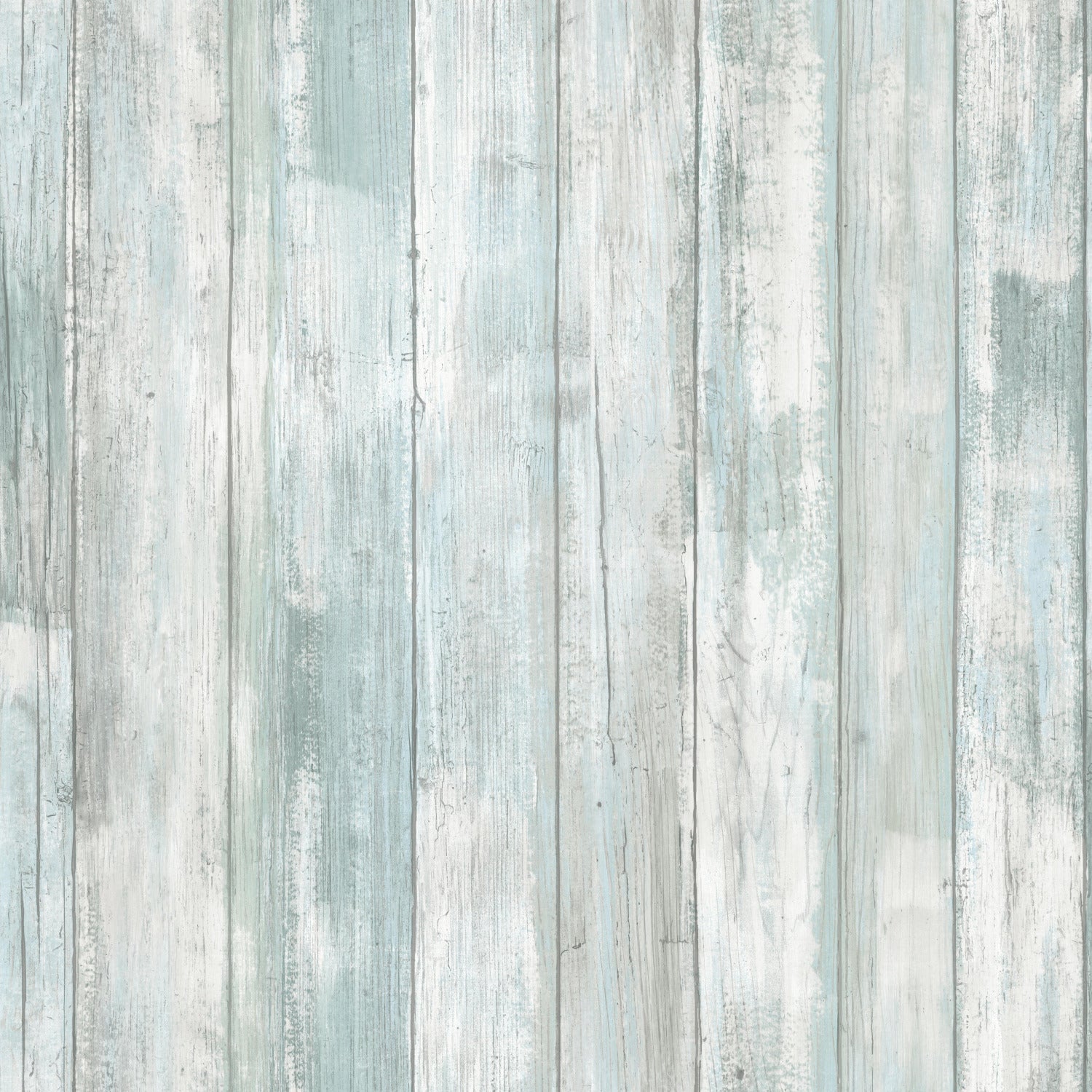 Weathered vertical wooden planks in pale blue-gray with whitewash, rustic coastal backdrop.